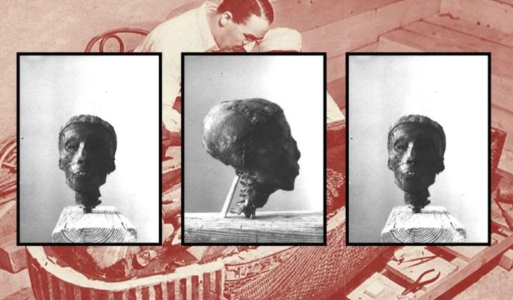 Fotografías de la cabeza cortada de Tutankamón, obra de Harry Burton. Crédito: Instituto Griffith.