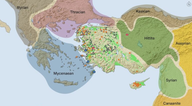 Un mapa de las zonas culturales tradicionalmente identificadas en el noreste del Mediterráneo deja el oeste de Asia Menor visiblemente en blanco, a pesar de que esta región incluye sitios famosos como Troya y es rica en recursos naturales (Luwian Studies #0109).