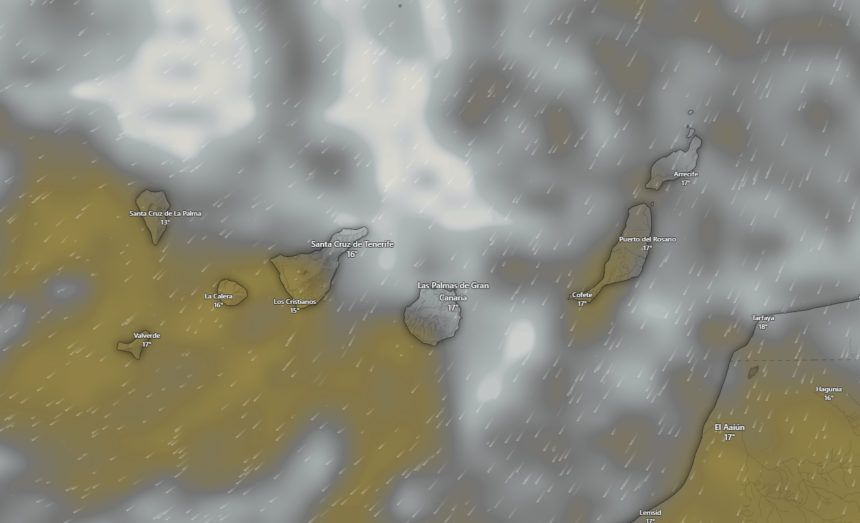 Mapa meteorológico de Canarias con avisos amarillos activados por viento fuerte coincidiendo con el inicio de los carnavales en Santa Cruz de Tenerife.