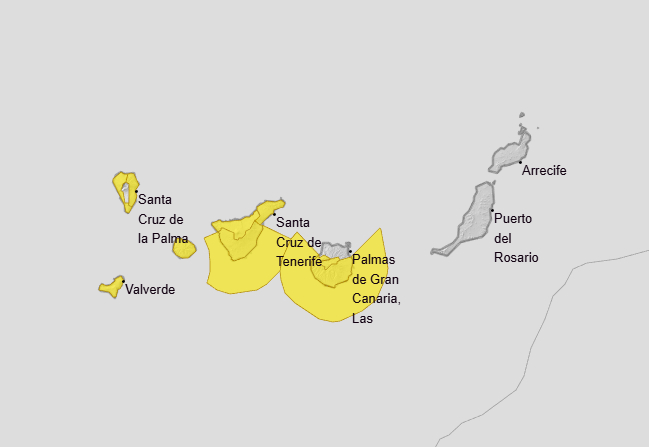 Mapa meteorológico de Canarias con avisos amarillos activados por viento fuerte coincidiendo con el inicio de los carnavales en Santa Cruz de Tenerife.