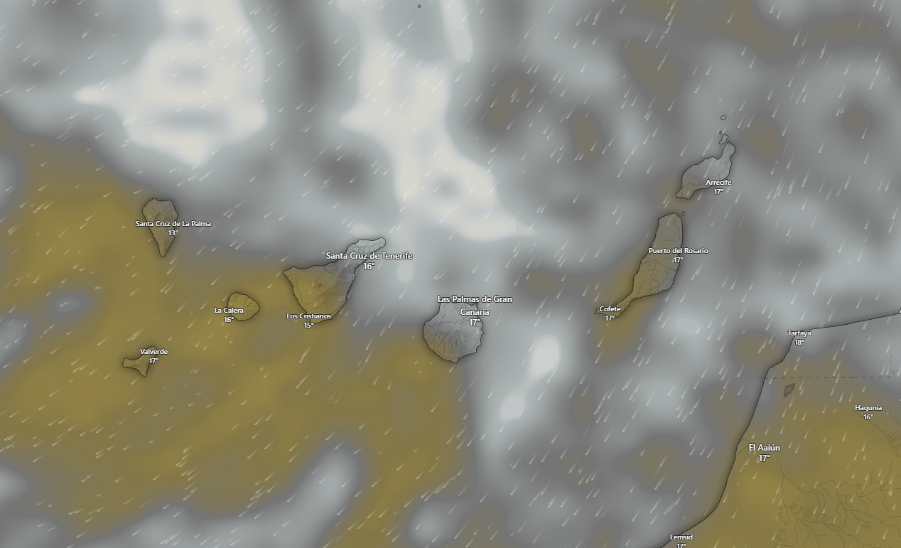 Mapa meteorológico de Canarias con avisos amarillos activados por viento fuerte coincidiendo con el inicio de los carnavales en Santa Cruz de Tenerife.