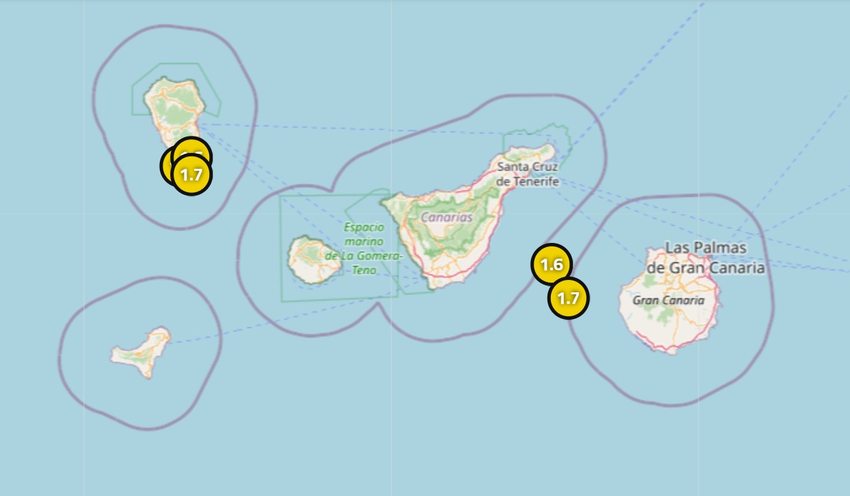 Terremotos en Canarias registrados en La Palma y en el entorno atlántico de Tenerife y Gran Canaria durante las últimas 24 horas según el IGN.