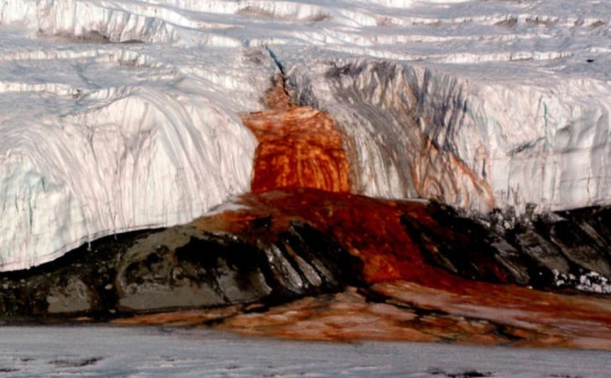 Cataratas de Sangre en el glaciar Taylor en la Antártida donde un flujo rojo de salmuera rica en hierro emerge del hielo