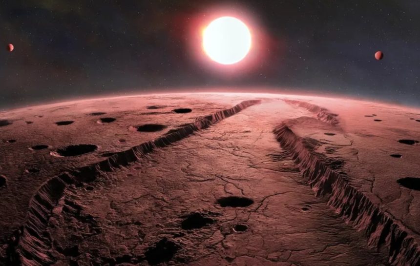 Ilustración artística de varios planetas rocosos orbitando una estrella enana roja cercana con algunos mundos situados en la zona habitable donde podría existir agua líquida.