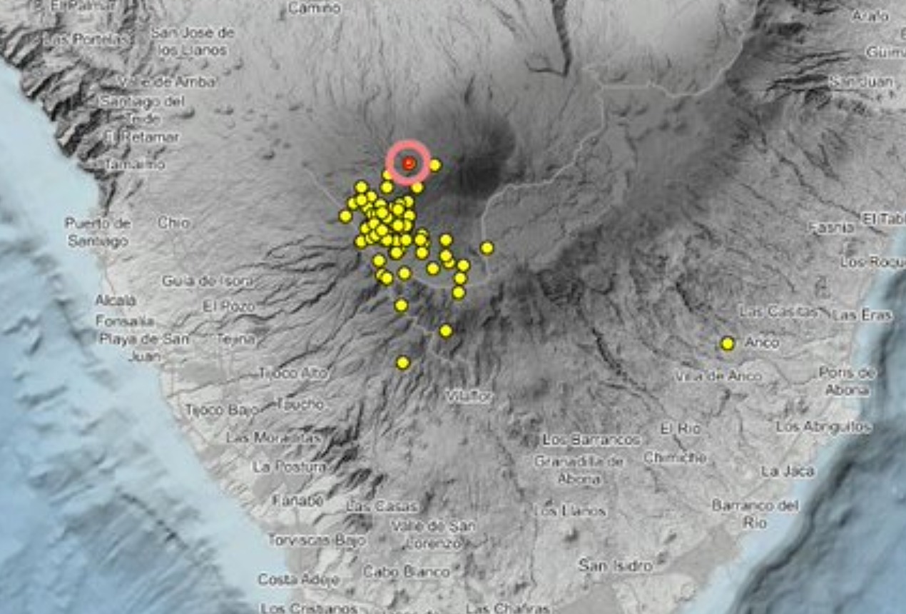 Mapa del Parque Nacional del Teide en Tenerife donde el IGN detectó actividad sismovolcánica con cientos de pequeños eventos registrados bajo Las Cañadas del Teide