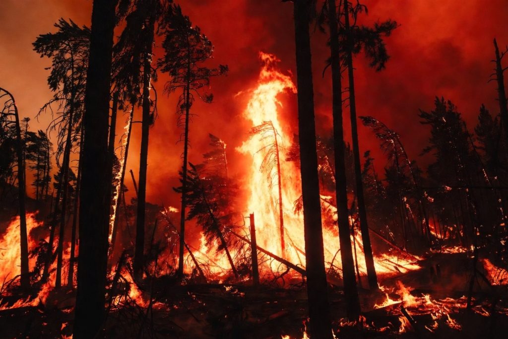 Emergencia climática y abandono rural: montes secos con vegetación muerta y árboles dañados por falta de gestión forestal preventiva
