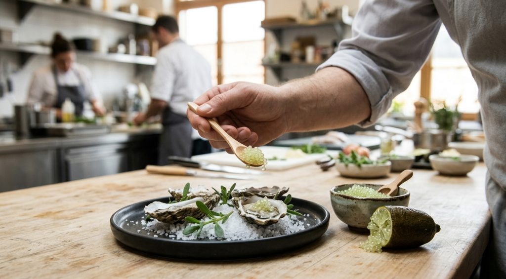 Cavíar cítrico con perlas de finger lime brillantes en presentación gourmet para alta cocina