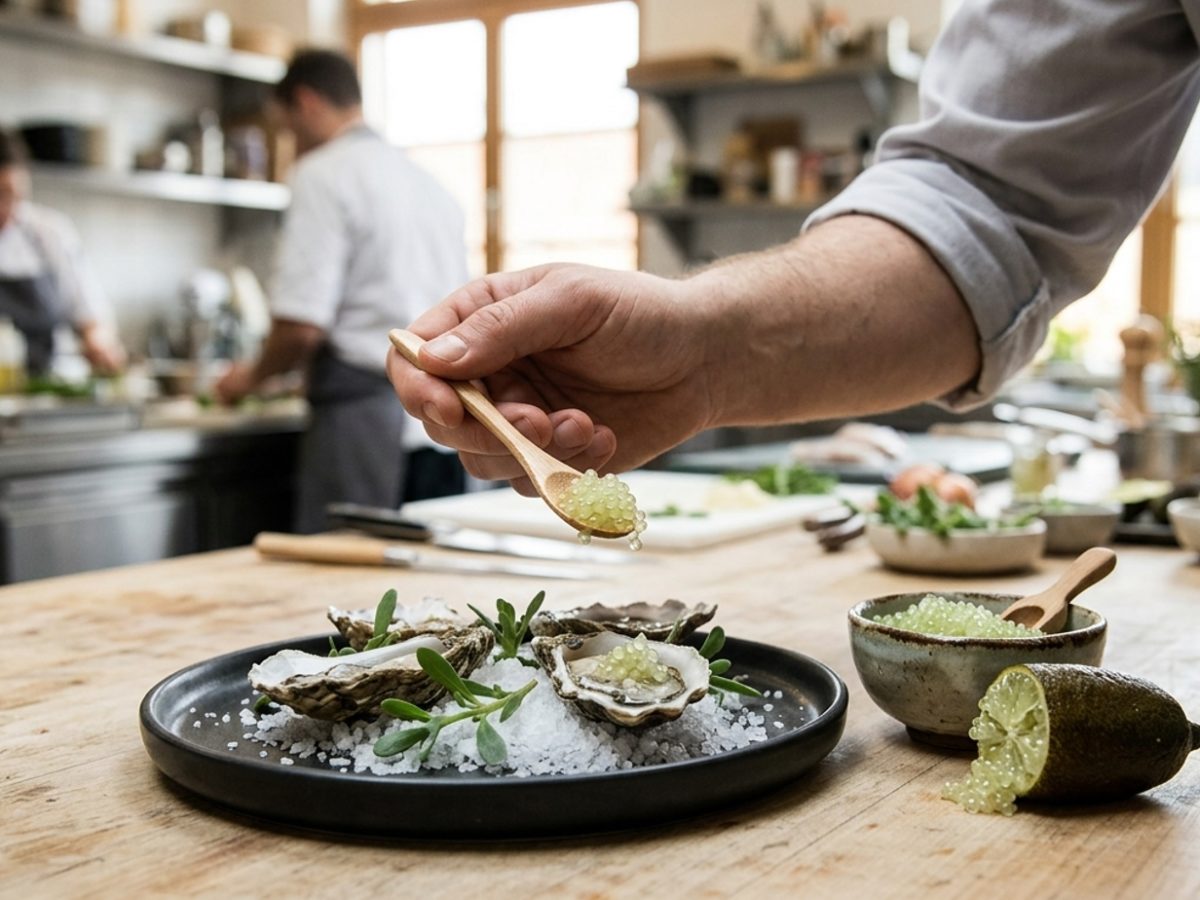 Cavíar cítrico con perlas de finger lime brillantes en presentación gourmet para alta cocina