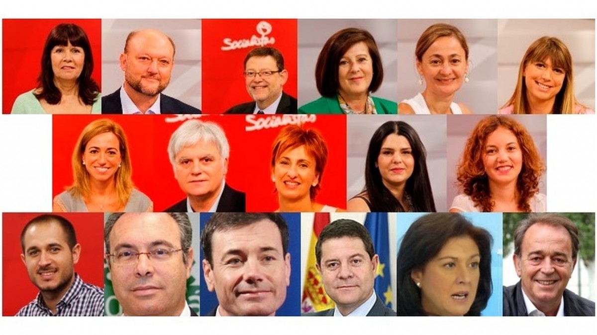 De izquierda a derecha y de arriba abajo: Micaela Navarro, Antonio Pradas, Ximo Puig, María José Sánchez, María Luz Rodríguez, Estefanía Martín, Carme Chacón, José Miguel Pérez, Manuela Galiano, Noemí Cruz, Eva Matarín, Francisco Pizarro, Juan Pablo Durán, Tomás Gómez, Emiliano García Page, María Ascensión Murillo y Carlos Pérez Anadón | FOTO: EL ESPAÑOL