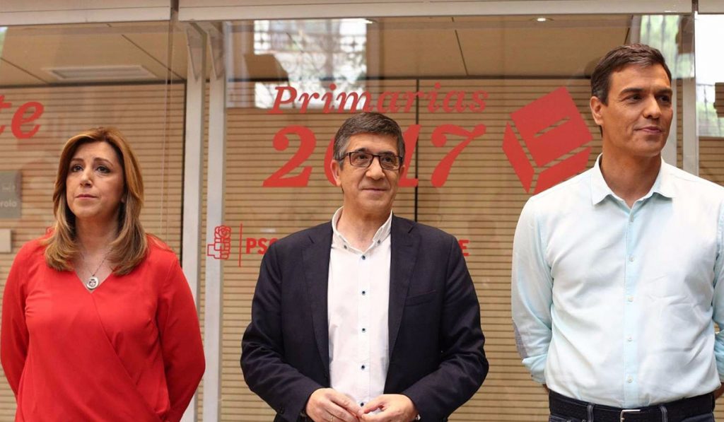 Susana Díaz, Patxi López y Pedro Sánchez, durante el debate televisivo que mantuvieron esta semana con vistas a las primarias del domingo. Europa Press