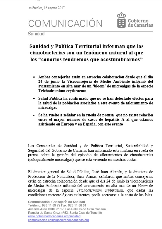 Comunicado remitido por la Consejería de Sanidad sobre microalgas | DA