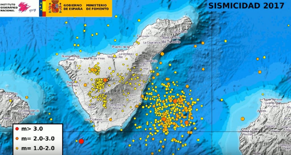 Mapa de Tenerife, con los sismos de 2017 resaltados. / IGN