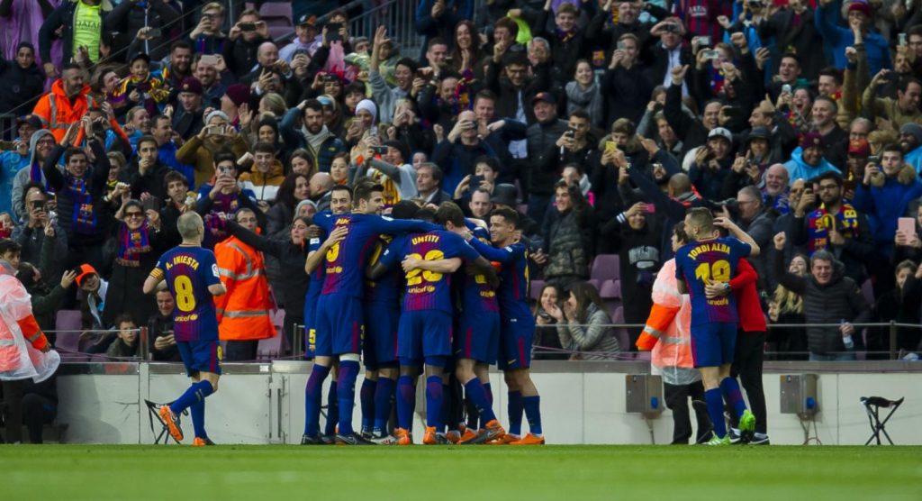 Los jugadores, tras el gol de Messi. / FC BARCELONA