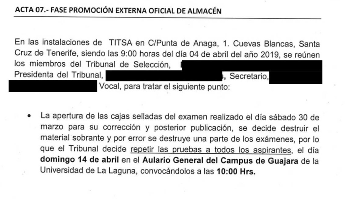 Acta del tribunal de las oposiciones