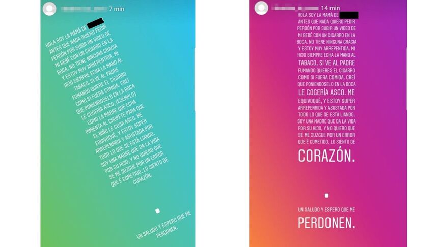Mensaje de disculpas de la madre a través de las redes sociales. Instagram