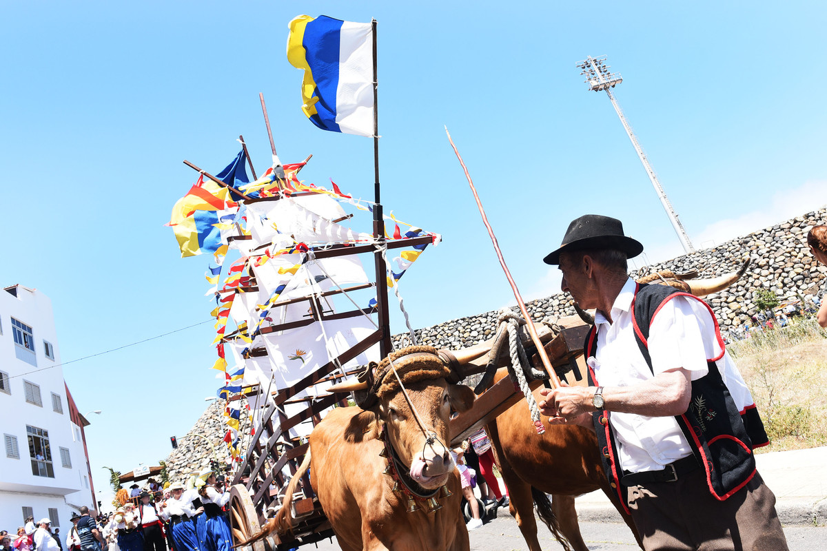 El santacrucero barrio de Tíncer revivió ayer las tradiciones con la recuperación del Paseo Romero, suspendido el pasado 2018, y en el que el buen tiempo acompañó a los participantes, las carretas y los grupos folclóricos. / SERGIO MÉNDEZ