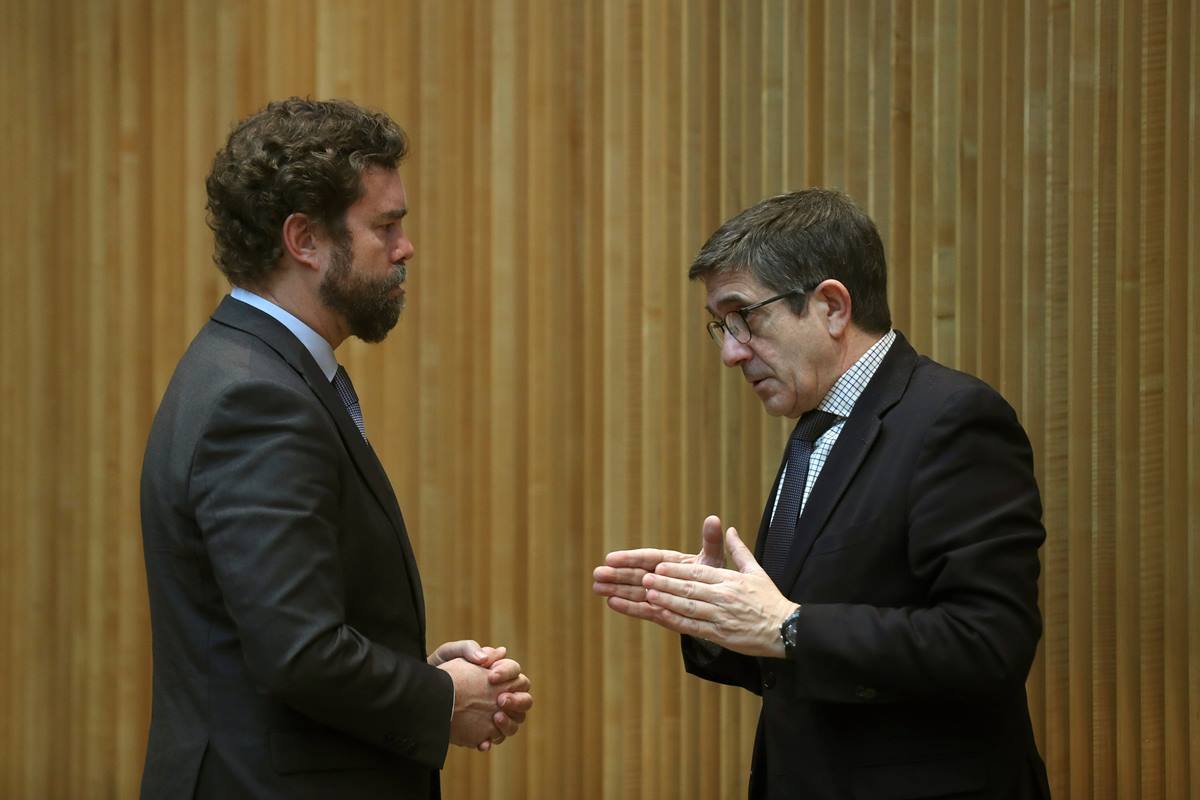 El portavoz de Vox, Iván Espinosa de los Monteros, y el presidente de la Comisión para la Reconstrucción Social y Económica tras el coronavirus del Congreso, Patxi López. EP