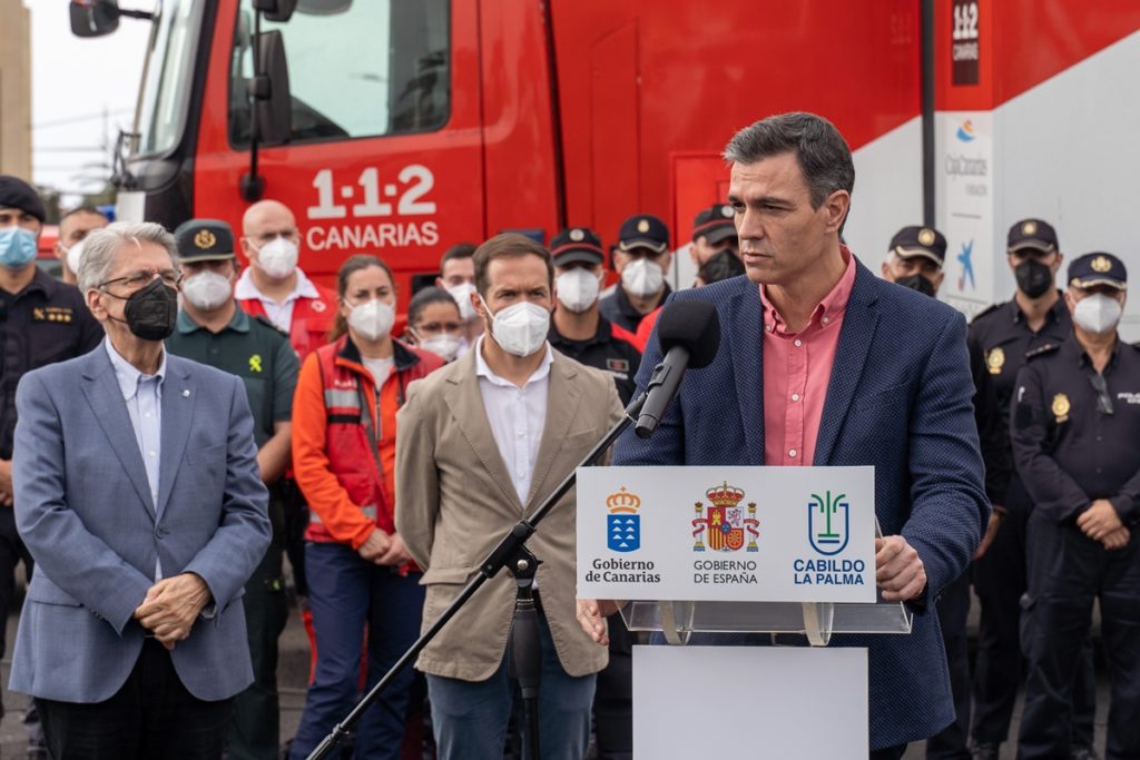 Pedro Sánchez visitó ayer La Palma por octava vez desde que entró en erupción el volcán de Cumbre Vieja. Acfi Press