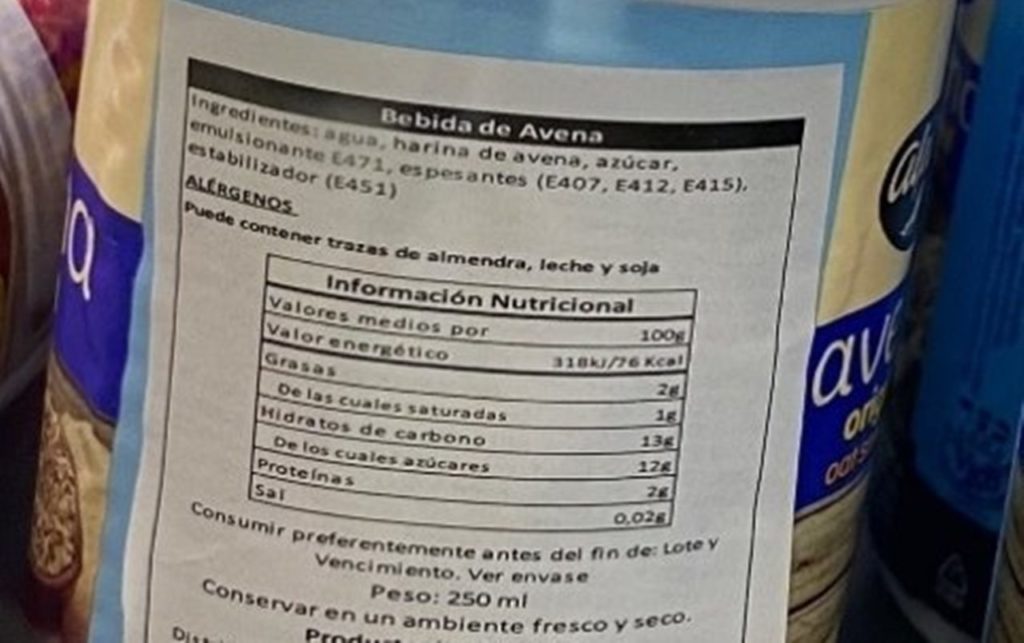 Alerta alimentaria en España por un ingrediente no declarado en una famosa bebida de avena