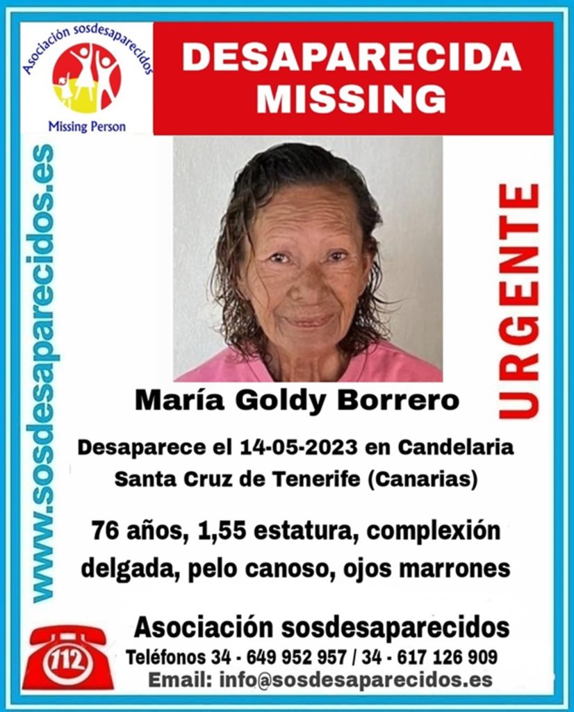 Alerta de SOS Desaparecidos para encontrar a María, desaparecida en Tenerife.