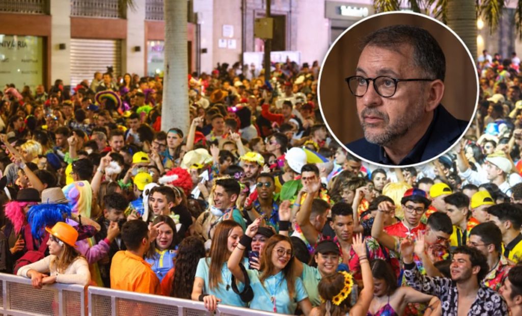 Montaje fotográfico con un retrato circular sobre una imagen del Carnaval de Santa Cruz de Tenerife